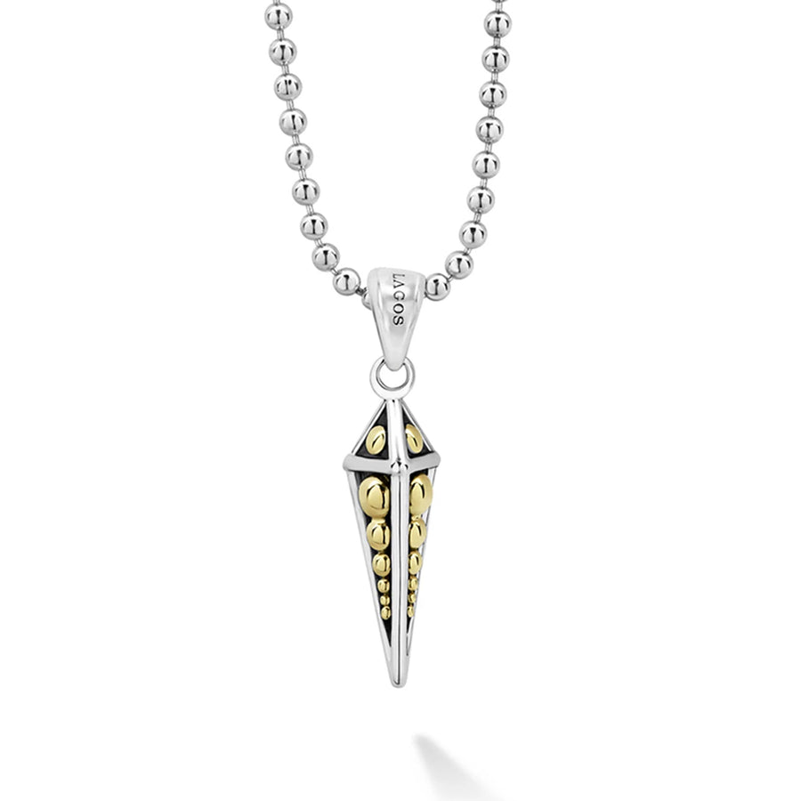 An 18K gold and sterling silver Caviar pyramid forms this pendant. Finished on a sterling silver necklace with a lobster clasp that adjusts from 16 to 18 inches. Style with other signature necklaces.Sterling Silver & 18K GoldLobster Clasp16 to 18 Inch 2.5mm Ball ChainDimensions 36mm x 9mmStyle #: 07-81153-ML