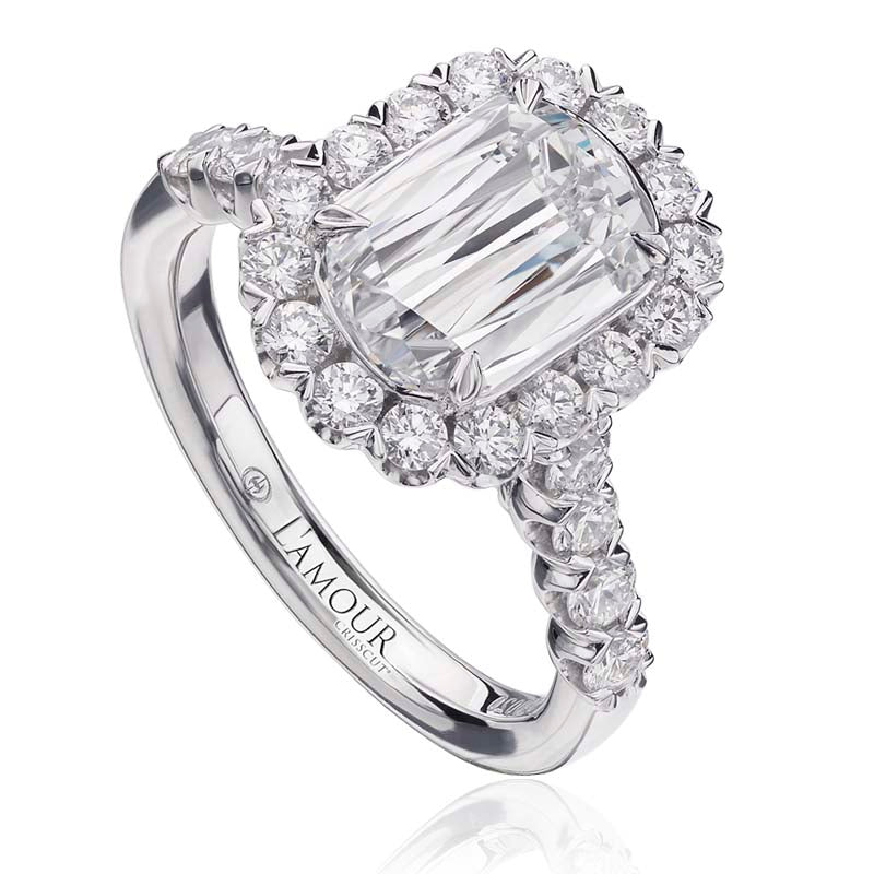 Christopher Designs engagement ring with L'Amour Crisscut 2.11CT GVVS2 diamond center surrounded by round diamonds GSI11.03cttw. diamonds in 18k white gold.