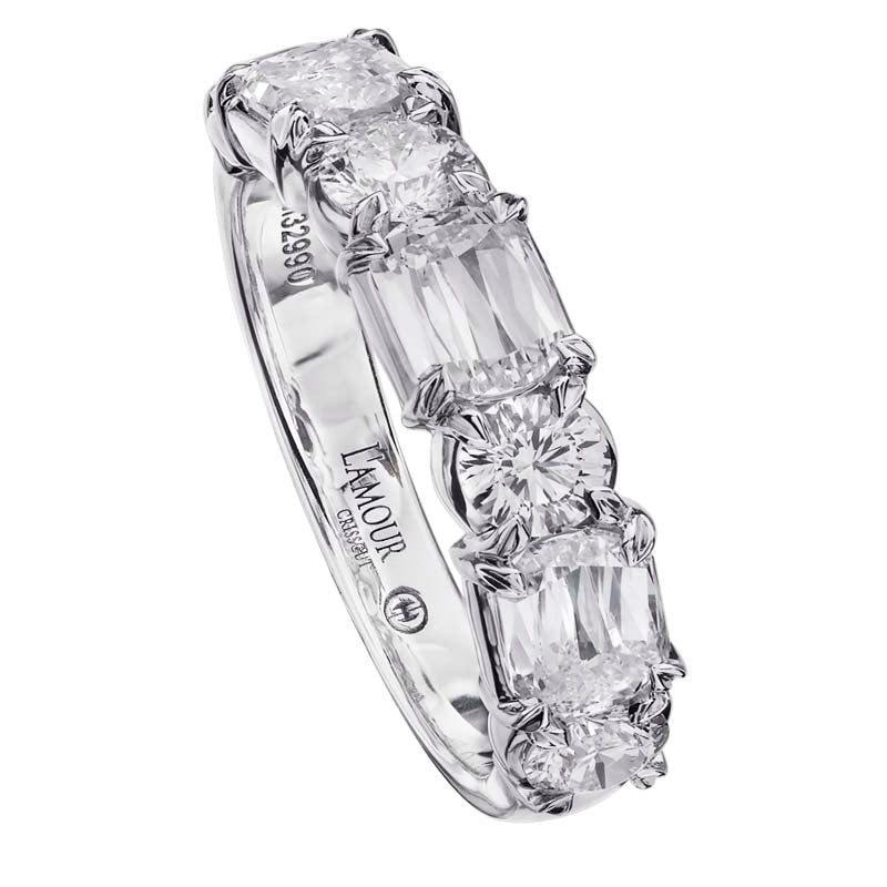 Christopher Designs wedding band with 3 L'Amour Crisscut diamonds 0.61cttw and 4 Crisscut Round diamonds 0.49cttw. Shared prong band features diamonds going half way around the finger set in 18K white gold.