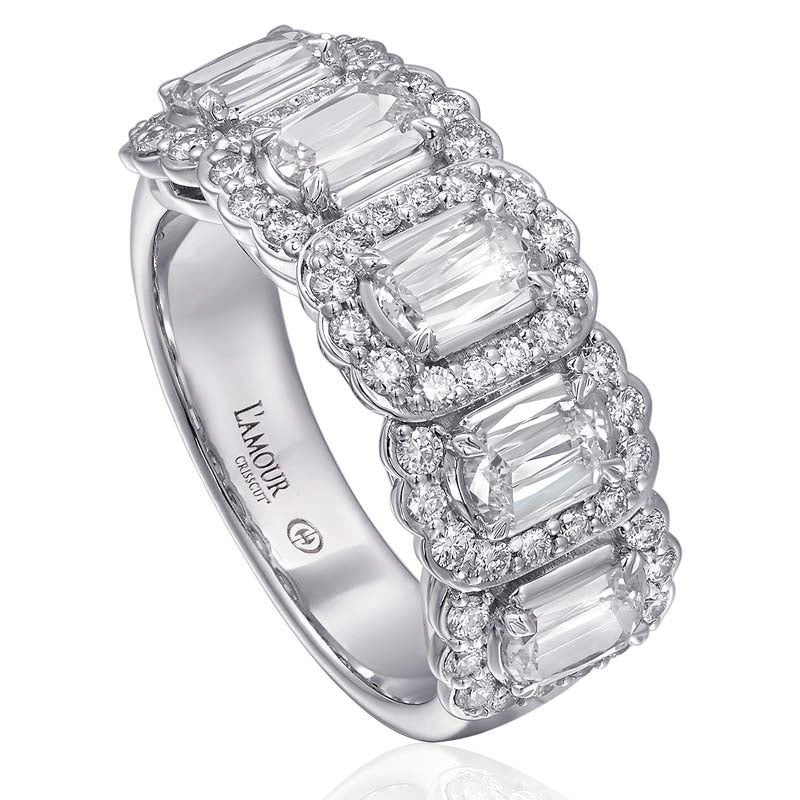 Christopher Designs anniversary band with 5 L'Amour Crisscut prong set diamonds 2.16cttw, surrounded by pave set round diamonds 0.50cttw. Band features 5 stone halo design with diamonds going half way down the shank set in 18K white gold.