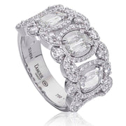 Christopher Designs Anniversary band with 3 L'Amour Crisscut diamonds 0.94cttw, surrounded by round diamonds 0.80cttw. 3 stone halo wide band features diamonds going half way around the finger set in 18K white gold.