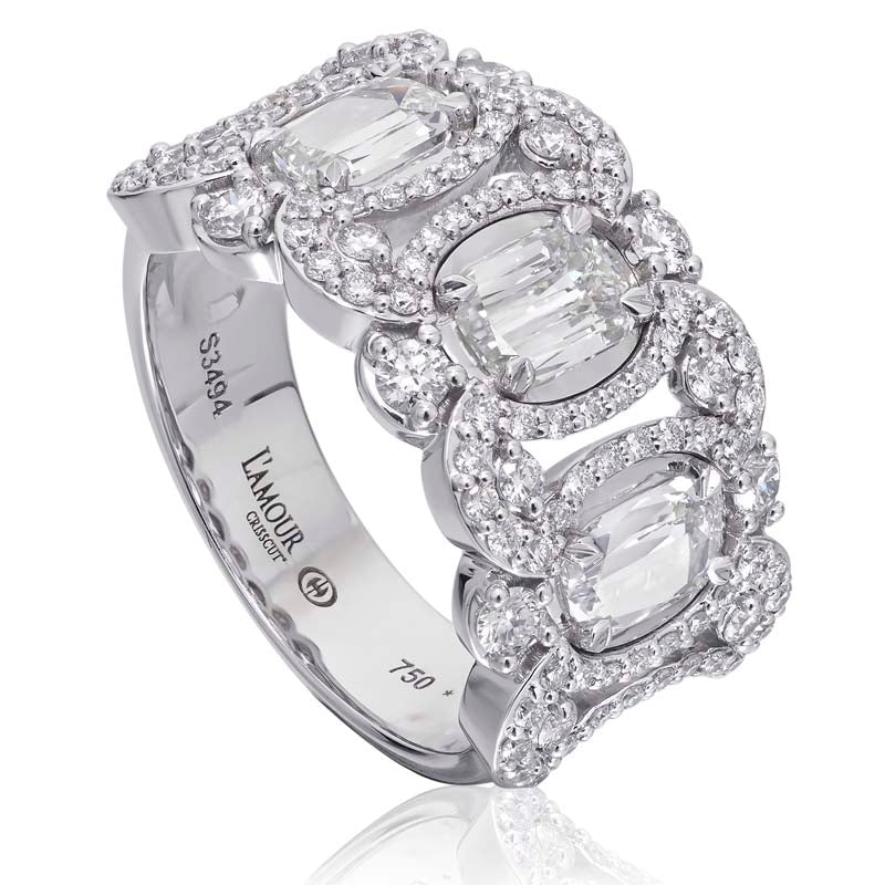 Christopher Designs Anniversary band with 3 L'Amour Crisscut diamonds 0.94cttw, surrounded by round diamonds 0.80cttw. 3 stone halo wide band features diamonds going half way around the finger set in 18K white gold.