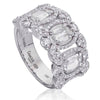 Christopher Designs Anniversary band with 3 L'Amour Crisscut diamonds 0.94cttw, surrounded by round diamonds 0.80cttw. 3 stone halo wide band features diamonds going half way around the finger set in 18K white gold.