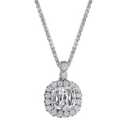 Christopher Designs pendant with 0.56ct. L'Amour Crisscut cushion diamond center surrounded by round cut diamonds 0.22cttw set in 18K white gold.