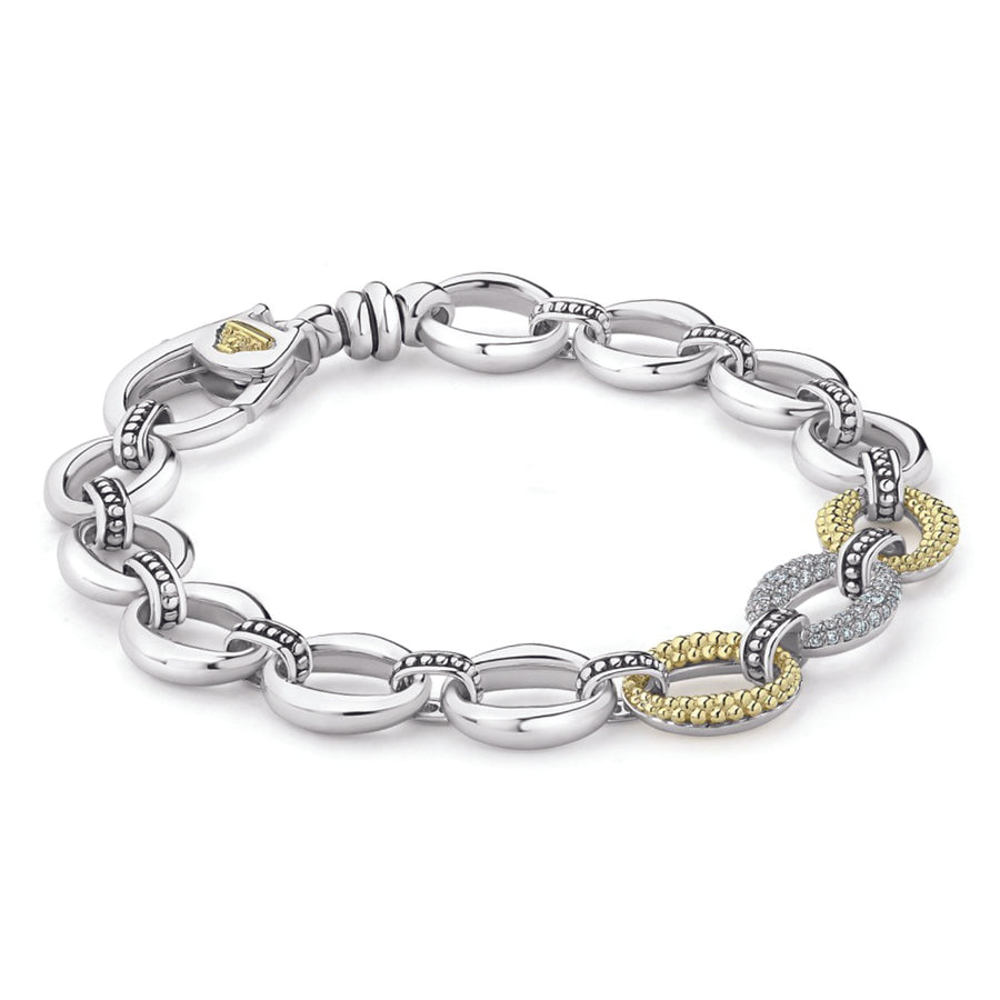 Diamonds, 18K gold and sterling silver create this classic link bracelet. Finished with a signature lobster clasp detailing the LAGOS crest in 18K gold. Ideal to pair with other designs in the Caviar Lux collection.