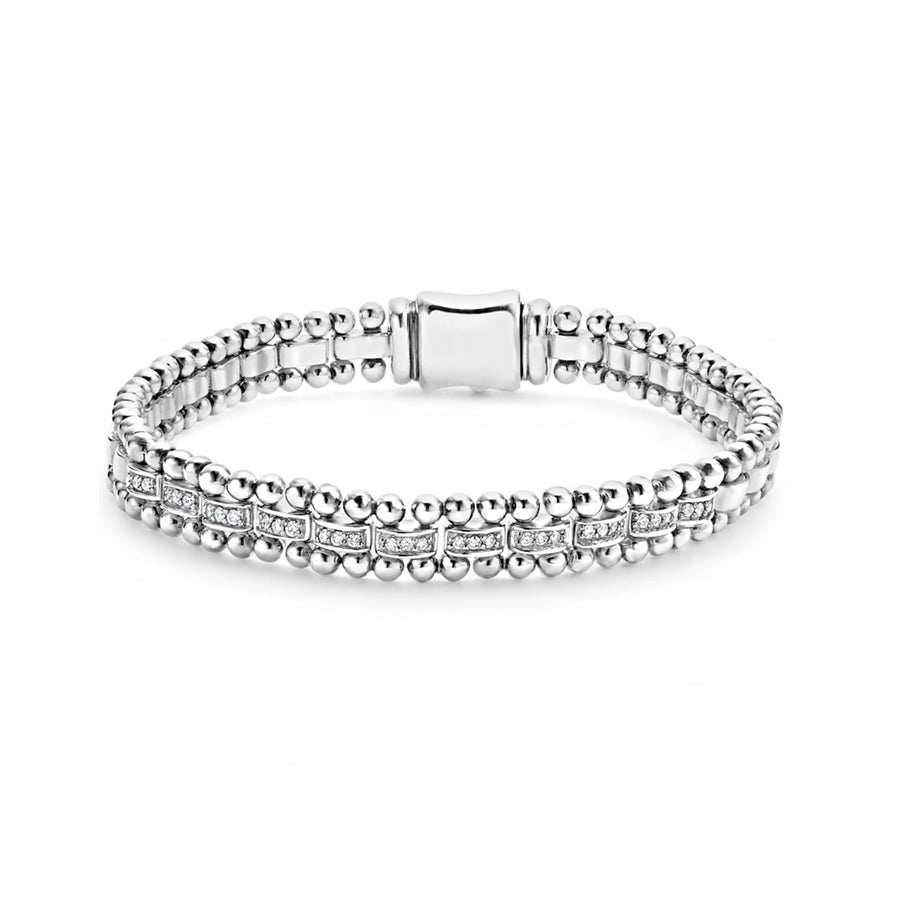 Diamonds framed by sterling silver Caviar beading on this link bracelet. Finished with a signature box clasp detailing the LAGOS crest. LAGOS diamonds are the highest quality natural stones.- Sterling Silver- 0.19 Carat- Width 7mm- STYLE #: 05-81241-DDM