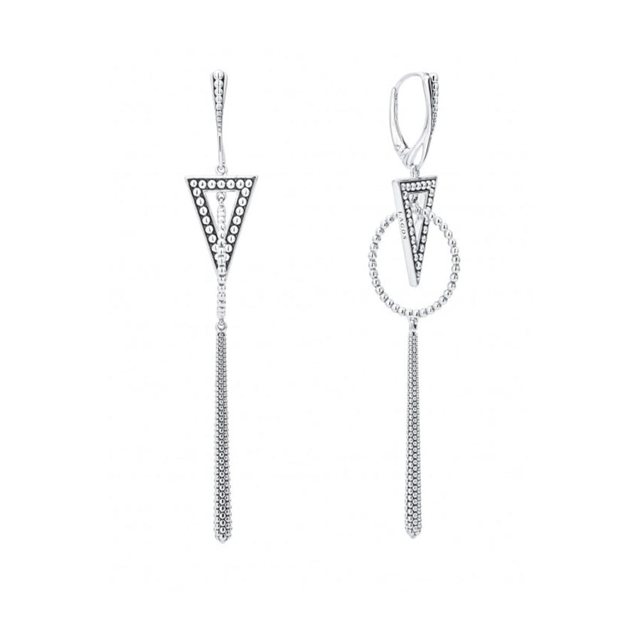 Caviar detailed sterling silver triangle, circle and linear drop earrings. Lightweight and easy to wear with other signature designs. Finished with a secure lever back closure.- Sterling Silver- Lever Back- Dimensions 90mm x 15mm- STYLE #: 01-81821-00