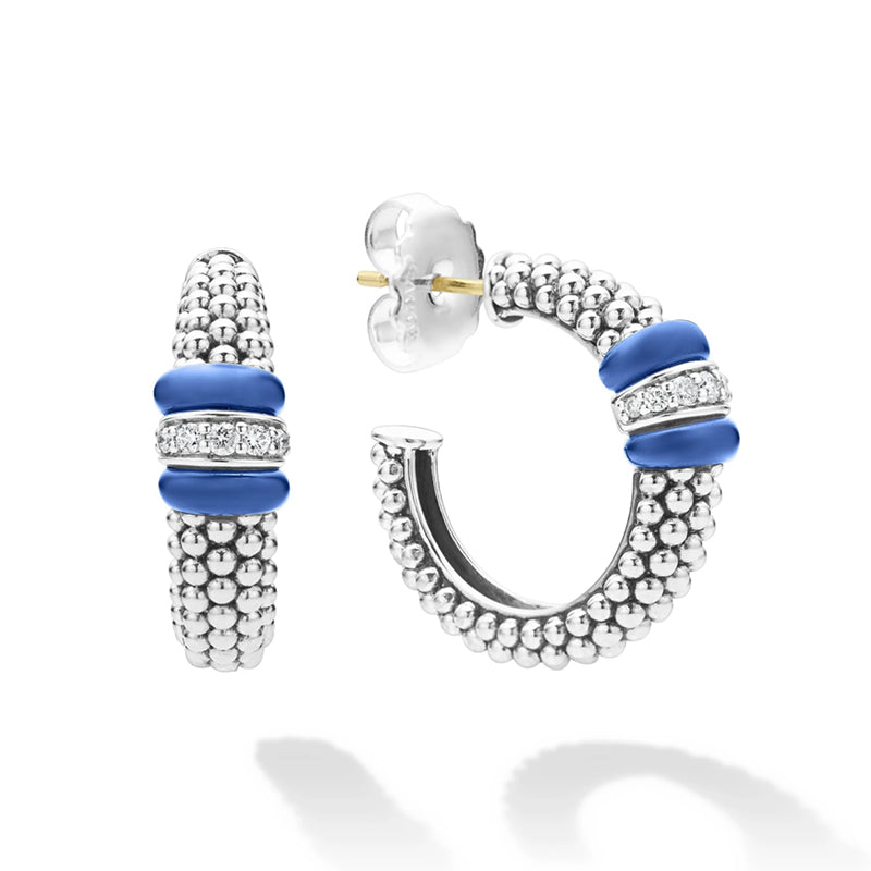 Lagos Blue Ultramarine Caviar Ceramic Diamond Hoop Earrings - 01-81922-CL