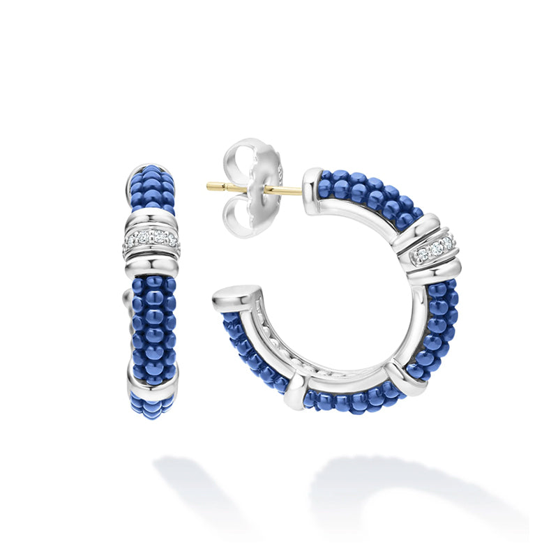Lagos Blue Ultramarine Caviar Ceramic and Diamond Hoop Earrings - 01-81745-CL