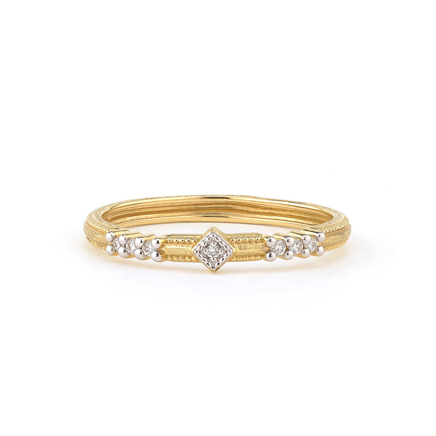 From the Lisse Collection, the Lisse Triple Diamond Pave Band with Simple Diamond Accents features pave round diamonds and simple diamond accent set in 18K gold with the signature brushed JFJ finish and beaded edge.Gemstone: White DiamondMetal: 18K Yellow Gold or 18K Rose GoldWeight: 0.05ctw