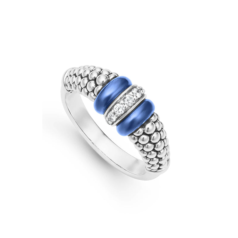 Lagos Blue Ultramarine Caviar Ceramic and Silver Diamond Ring - 02-80732-CL6