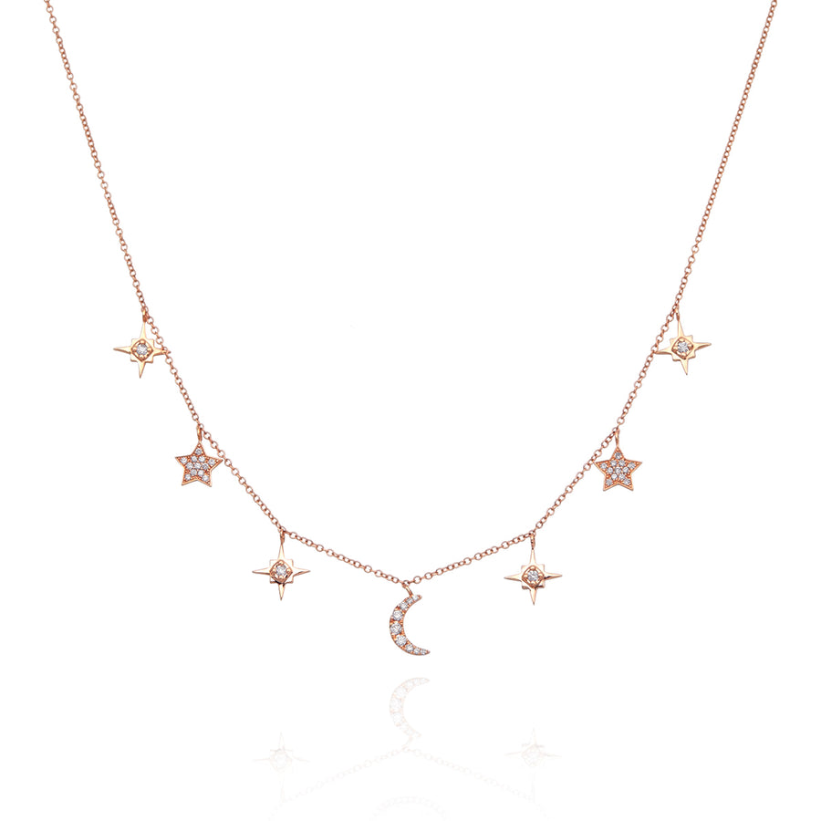 Inspired by the pattern of the swirling stars and cosmos, the constellation collection was created. A love affair with outer space and a fascination by how much magic our sky up above us holds created the perfect breeding ground for this collection. One star, one constellation -- it's all connected to a vast network of galaxies. Like a star in the sky, we are all different, yet we are all connected in some way. This necklace is 14K Rose Gold and it has approximately 0.40ctw diamonds. 