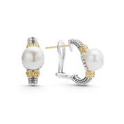 Freshwater cultured pearl earrings with Caviar beading in 18K gold and sterling silver. Finished with 14k gold post and omega backing.- Sterling Silver & 18K Gold- Omega Clip and Post- Dimensions 18mm x 9mm- Pearl measures 9mm- STYLE #: 01-81547-M