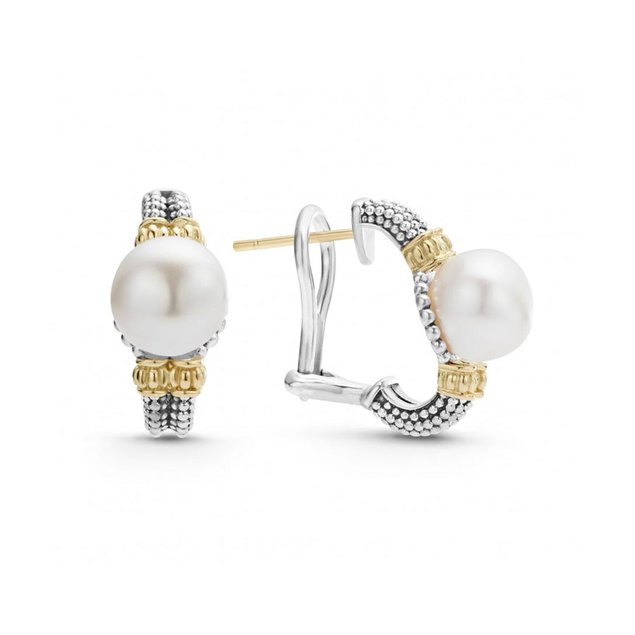 Freshwater cultured pearl earrings with Caviar beading in 18K gold and sterling silver. Finished with 14k gold post and omega backing.- Sterling Silver & 18K Gold- Omega Clip and Post- Dimensions 18mm x 9mm- Pearl measures 9mm- STYLE #: 01-81547-M
