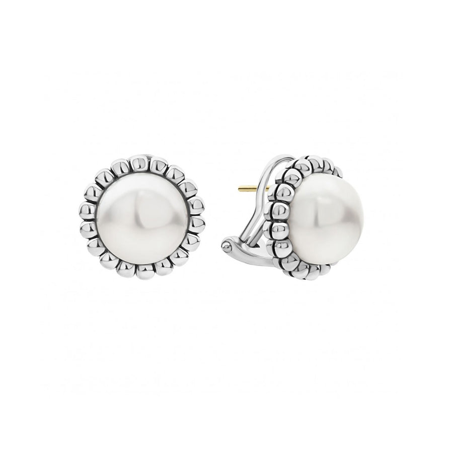 Classic freshwater cultured pearl earrings framed by flutes of sterling silver. Just the right touch for every day. Finished with 14k gold posts and omega backing.- Sterling Silver- Omega Clip and Post- Diameter 17mm- Pearl measures 12mm- STYLE #: 01-81051-00