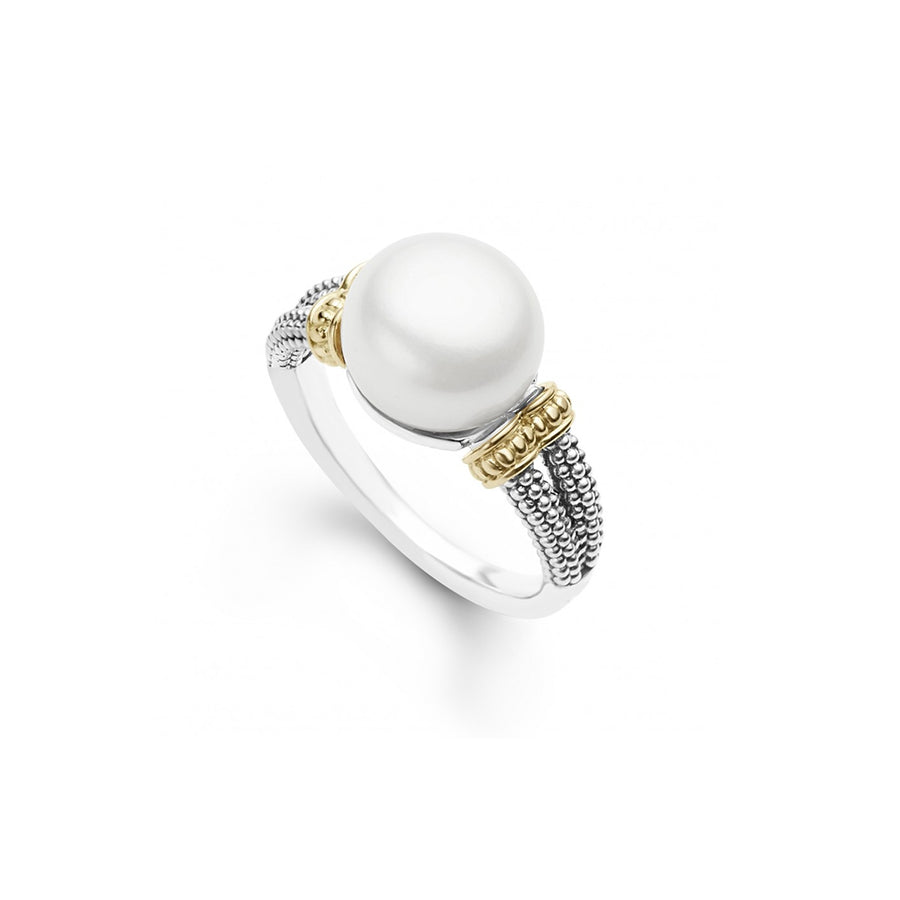 Freshwater cultured pearl statement ring with Caviar beading in 18K gold and sterling silver.- Sterling Silver & 18K Gold- Dimensions 10mm x 14mm- Band Width 5mm Tapers to 3mm- Pearl measures 10mm- STYLE #: 02-80576