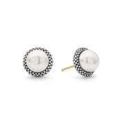 Classic pearl stud earrings set in sterling silver Caviar beading. Just the right touch for every day. Finished with 14k gold post backing.- Sterling Silver- 14K Gold Post- Diameter 12mm- Pearl measures 8mm- STYLE #: 01-80848-M