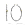 Signature sterling silver Caviar beads accented by an 18K gold x station on these hoop earrings. Finished with 14K gold posts.Sterling Silver0.07 CaratLocking WireDimensions 35mm x 4mmStyle #: 01-81025-00