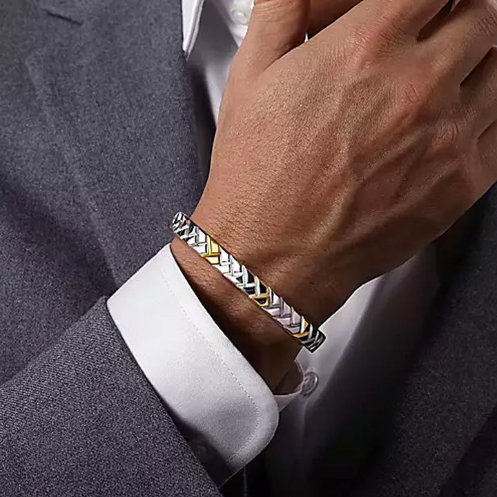Gabriel & Co Men's  Sterling Silver and 14K Yellow Gold Open Herringbone Bracelet - BGM4512-72MZJJJ