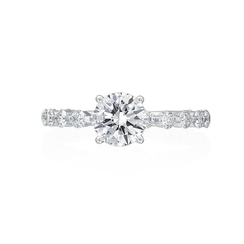 This Moyer Collection engagement ring was designed for a wearer with unique tastes! The small round brilliant diamonds, which add up to 0.65ctw diamonds, scattered down the shank give this ring a geometric twist. A round brilliant center diamond sits atop of this ring. Center stone not included in price. 