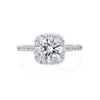 This Moyer Collection engagement ring was designed to give the perception of a cushion cut with the shape of the halo even though the center stone is round brilliant. Diamonds can be seen from every angle of this ring in the halo, shank, and under the head. Center stone not included in the price. 