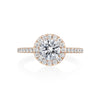Our take on the classic halo engagement ring with diamonds down the sides of the ring. We love the high cathedral style setting of this engagement ring. This ring, like all other engagement rings in the Moyer Collection is complete with a small sapphire set in the inside of the shank. Center stone is not included in the pricing. 
