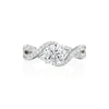 One of the Moyer Collections most unique, dynamic designs, this engagement ring features a swirl, criss cross design with graduated diamond patterns featuring prong set diamonds and bezel set diamonds. In this design, there are 0.71ctw diamonds that are G-H in color, SI1-2 in clarity. Inside the shank, there is a small blue sapphire and the Moyer logo, a signature feature on all Moyer Collection engagement rings. Center stone is not included in price. This ring can be custom made to fit any size