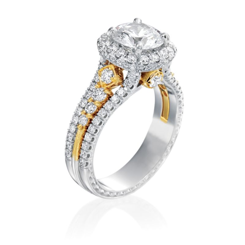 Jack Kelege Platinum/ 18K Yellow Gold 1.55ctw Diamond Three-Row Halo Engagement Ring Semi-Mounting- KPR802-Y