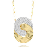 Two interlocking discs of 14K yellow gold and 0.65ctw diamonds create this gorgeous Aura necklace. 