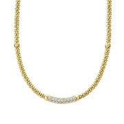 A diamond station surrounded by 18K gold Caviar beading forms this signature necklace. Finished with a signature lobster clasp. LAGOS diamonds are the highest quality natural stones.18K Gold0.41 CaratSignature Lobster ClaspRope Width 3mmStyle #: 04-10471-DD16