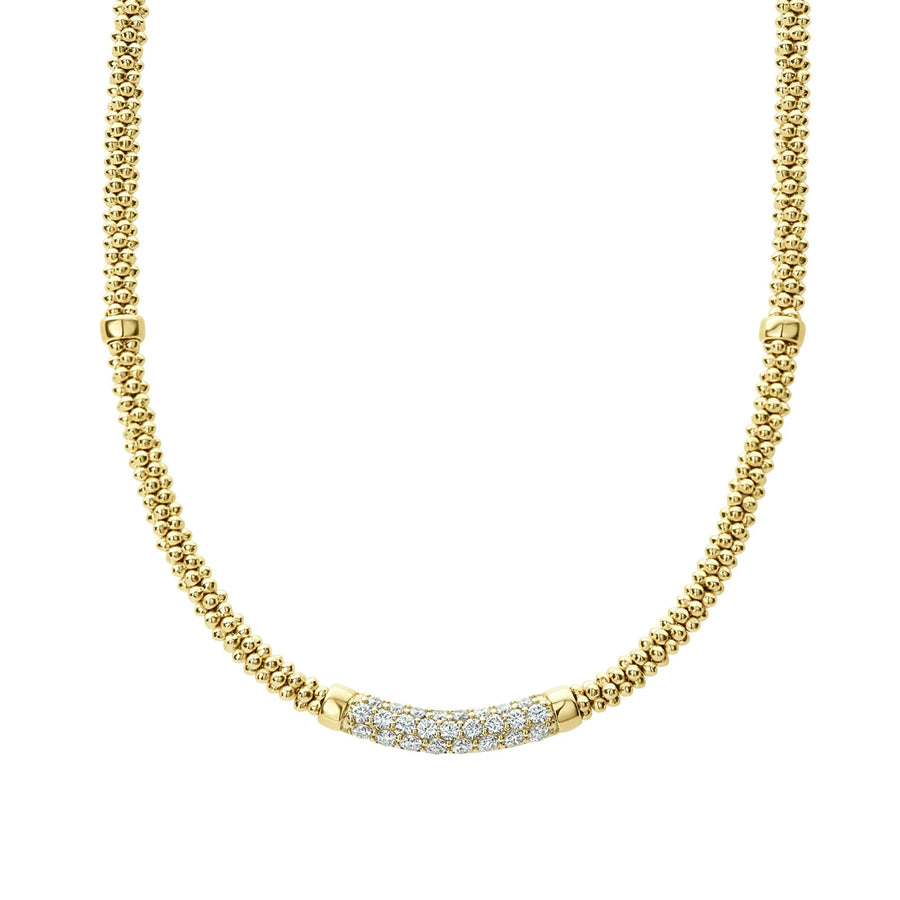 A diamond station surrounded by 18K gold Caviar beading forms this signature necklace. Finished with a signature lobster clasp. LAGOS diamonds are the highest quality natural stones.18K Gold0.41 CaratSignature Lobster ClaspRope Width 3mmStyle #: 04-10471-DD16