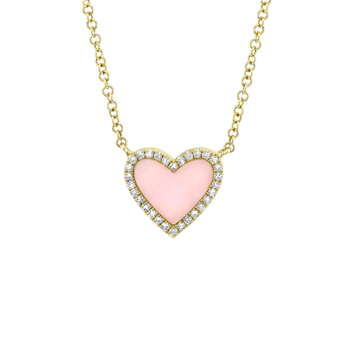 14K Yellow Gold Pink Opal & Diamond Heart Necklace - SC55012625