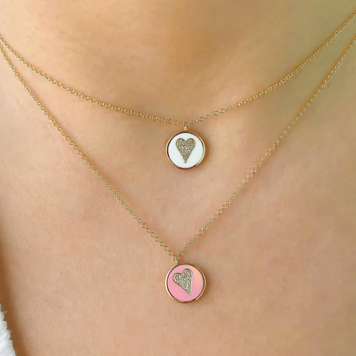 14K Yellow Gold Diamond & White Enamel Heart Necklace - SC55021542EW