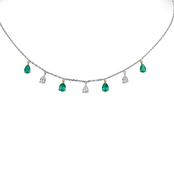 18K White Gold Emerald & Diamond Pear Shape Dangle Necklace- 130331