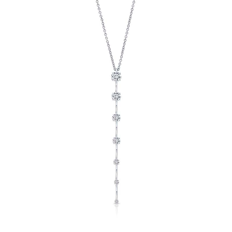 This incredible diamond necklace features 1.52ctw of Round Brilliant Diamonds in a fashionable bar pendant setting. Each of the round brilliant diamonds are F-G in color, VS-SI in clarity. 