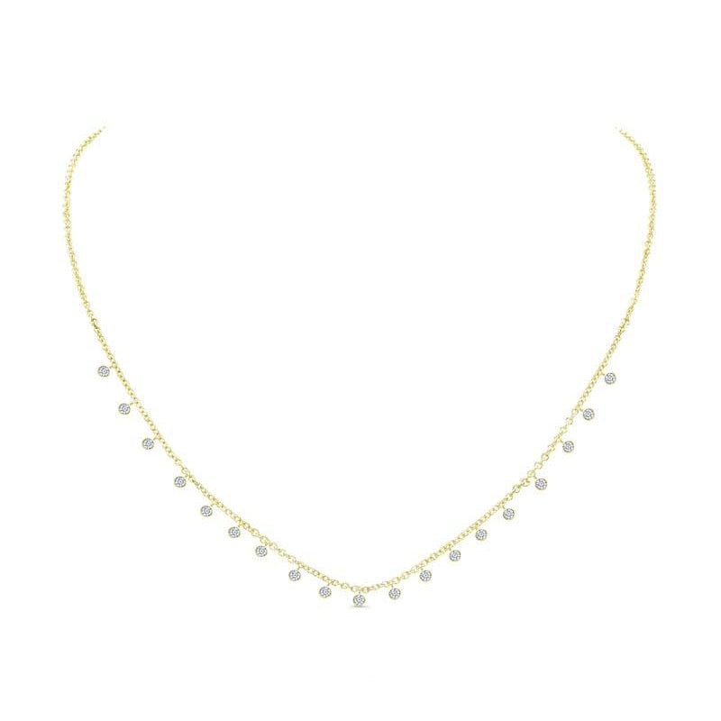 This fashionable 18K yellow gold diamond necklace features 19 individual round brilliant diamonds of F-G color, VS-I Clarity. 