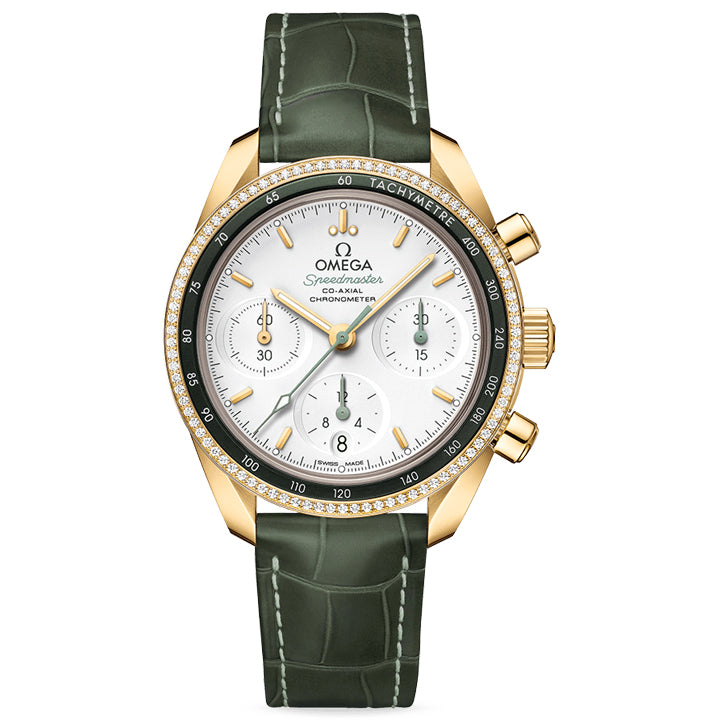 Omega Speedmaster 38 Co-Axial Chronometer Chronograph Yellow Gold & Diamonds on Leather Strap - 324.68.38.50.02.004