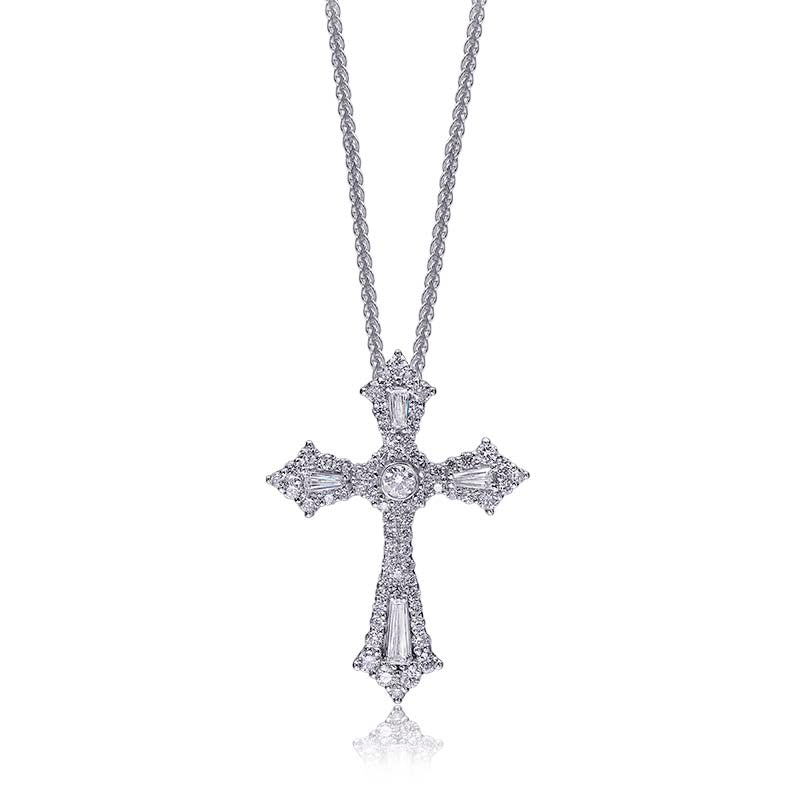 Christopher Designs cross pendant with Crisscut tapered baguettes 0.90cttw, round cut diamonds 1.00ct. and marquis shape diamonds 0.39cttw set in 18K white gold.