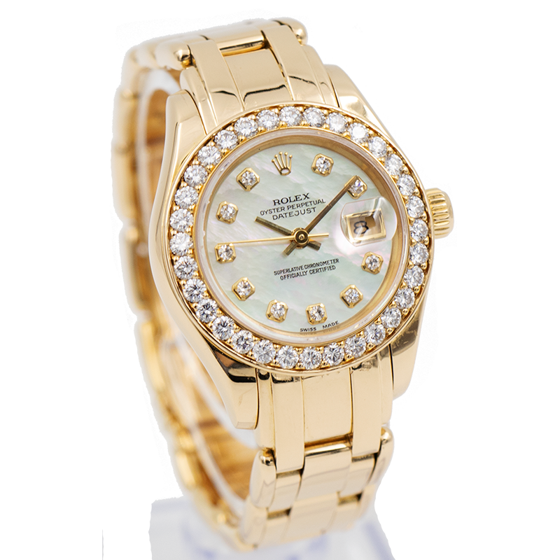 This beautiful Rolex Pearlmaster features a 29mm 18k yellow gold case & bracelet, a stunning mother-of-pearl dial with diamond markers and a diamond bezel. Powering this timepiece is Rolexs automatic movement which has a two-day power reserve. The watch came to our store as a trade and is in excellent condition. Please contact us if you have any questions about this amazing Rolex timepiece.This piece was sold in March 2019. If you are looking for something similar, please reach out to us!
