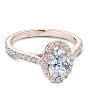 Rose gold oval halo engagement ring with 40 round diamonds