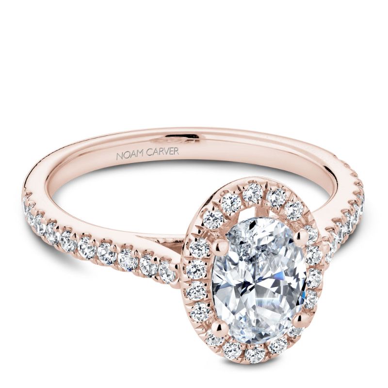 Rose gold oval halo engagement ring with 40 round diamonds