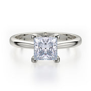 This immaculate Michael M engagement ring is displayed with a stunning princess shaped center diamond (not included at time of purchase), and can fit an array of diamonds ranging in size from 0.90 carats to 1.10 carats.