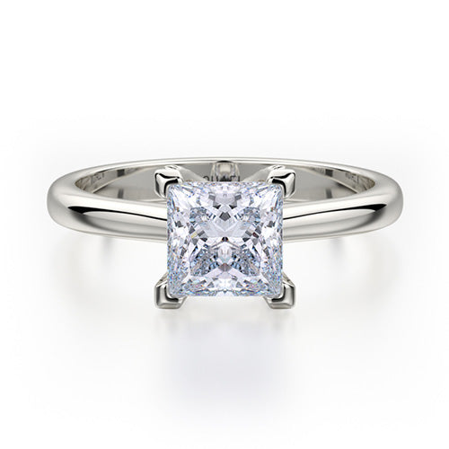 This immaculate Michael M engagement ring is displayed with a stunning princess shaped center diamond (not included at time of purchase), and can fit an array of diamonds ranging in size from 0.90 carats to 1.10 carats.
