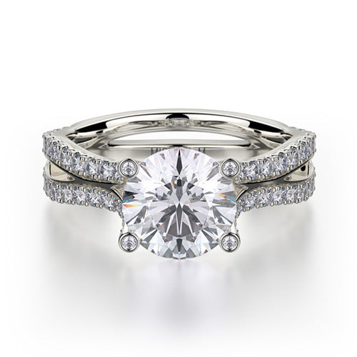 This immaculate Michael M engagement ring is displayed with a stunning round shaped center diamond (not included at time of purchase), and can fit an array of diamonds ranging in size from 1.85 carats to 2.10 carats.