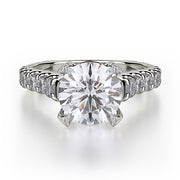This immaculate Michael M engagement ring is displayed with a stunning round shaped center diamond (not included at time of purchase), and can fit an array of diamonds ranging in size from 1.85 carats to 2.10 carats.