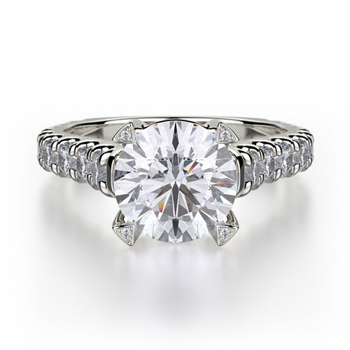 This immaculate Michael M engagement ring is displayed with a stunning round shaped center diamond (not included at time of purchase), and can fit an array of diamonds ranging in size from 1.85 carats to 2.10 carats.