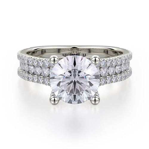 This immaculate Michael M engagement ring is displayed with a stunning round shaped center diamond (not included at time of purchase), and can fit an array of diamonds ranging in size from 1.40 carats to 1.60 carats.