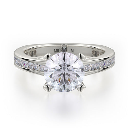 This immaculate Michael M engagement ring is displayed with a stunning round shaped center diamond (not included at time of purchase), and can fit an array of diamonds ranging in size from 1.40 carats to 1.60 carats.