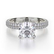 This immaculate Michael M engagement ring is displayed with a stunning round shaped center diamond (not included at time of purchase), and can fit an array of diamonds ranging in size from 0.90 carats to 1.10 carats.
