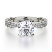 This immaculate Michael M engagement ring is displayed with a stunning round shaped center diamond (not included at time of purchase), and can fit an array of diamonds ranging in size from 0.90 carats to 1.10 carats.